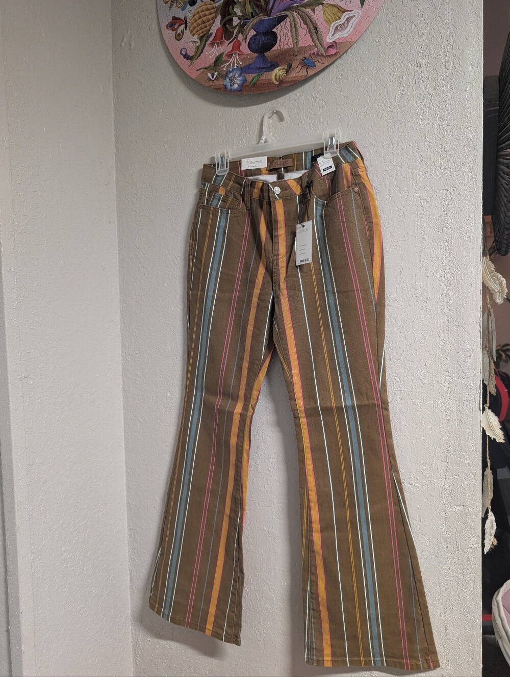 Judy Blue Striped Flared Jeans 11 Brown Blue Boho Hippie Midrise Festival Whimsy